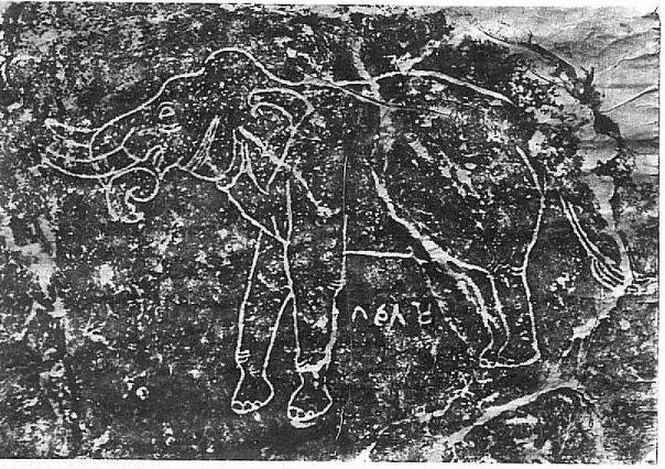 Reproduction of a carving of an elephant. On the elephant’s temple, musth secretions are represented with parallel lines.