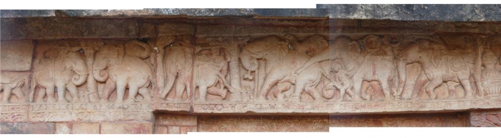 Stone relief with elephants and humans amongst trees. The humans are riding and capturing elephants with ropes. Parasuramesvara, Bhubaneswar, Odisha.
