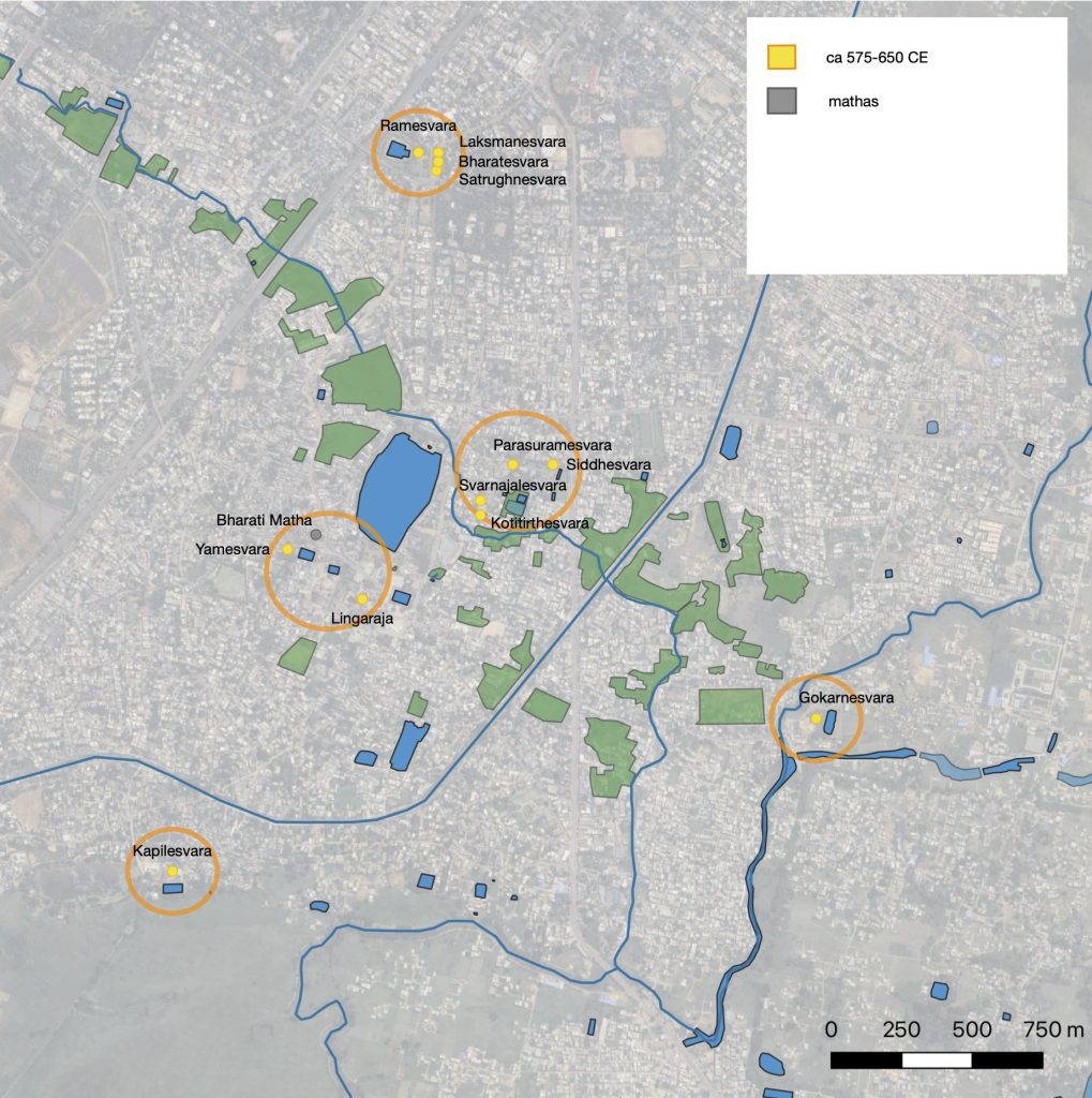 Map of Ekamra, contemporary Bhubaneswar, highlighting the location of sixth and seventh century temples.