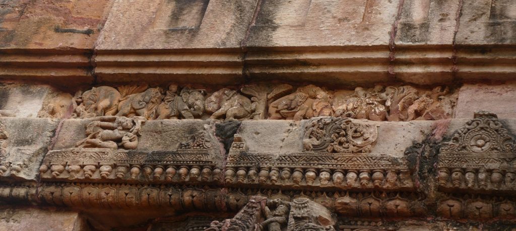 Stone relief showing conflict between humans and elephants. Svarnajalesvara, Bhubaneswar, Odisha.