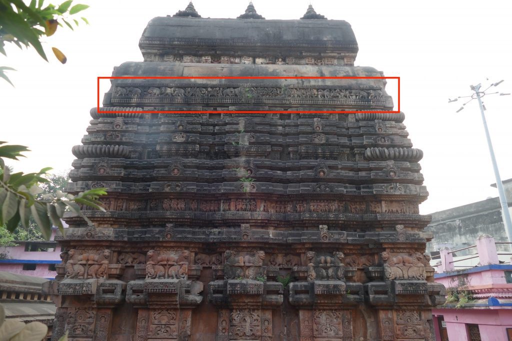 Stone temple with intricate relief. Position of elephant hunt relief is highlighted. Vaital Deul, Bhubaneswar, Odisha.