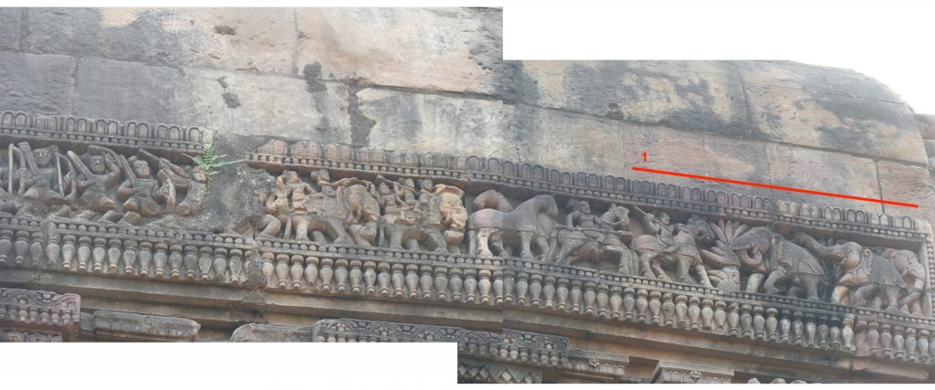 Stone relief with wild elephants and army, including horses and war elephants. Vaital Deul, Bhubaneswar, Odisha.