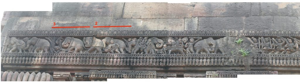 Stone relief with wild elephants being captured with rope, and trampling humans. Vaital Deul, Bhubaneswar, Odisha.