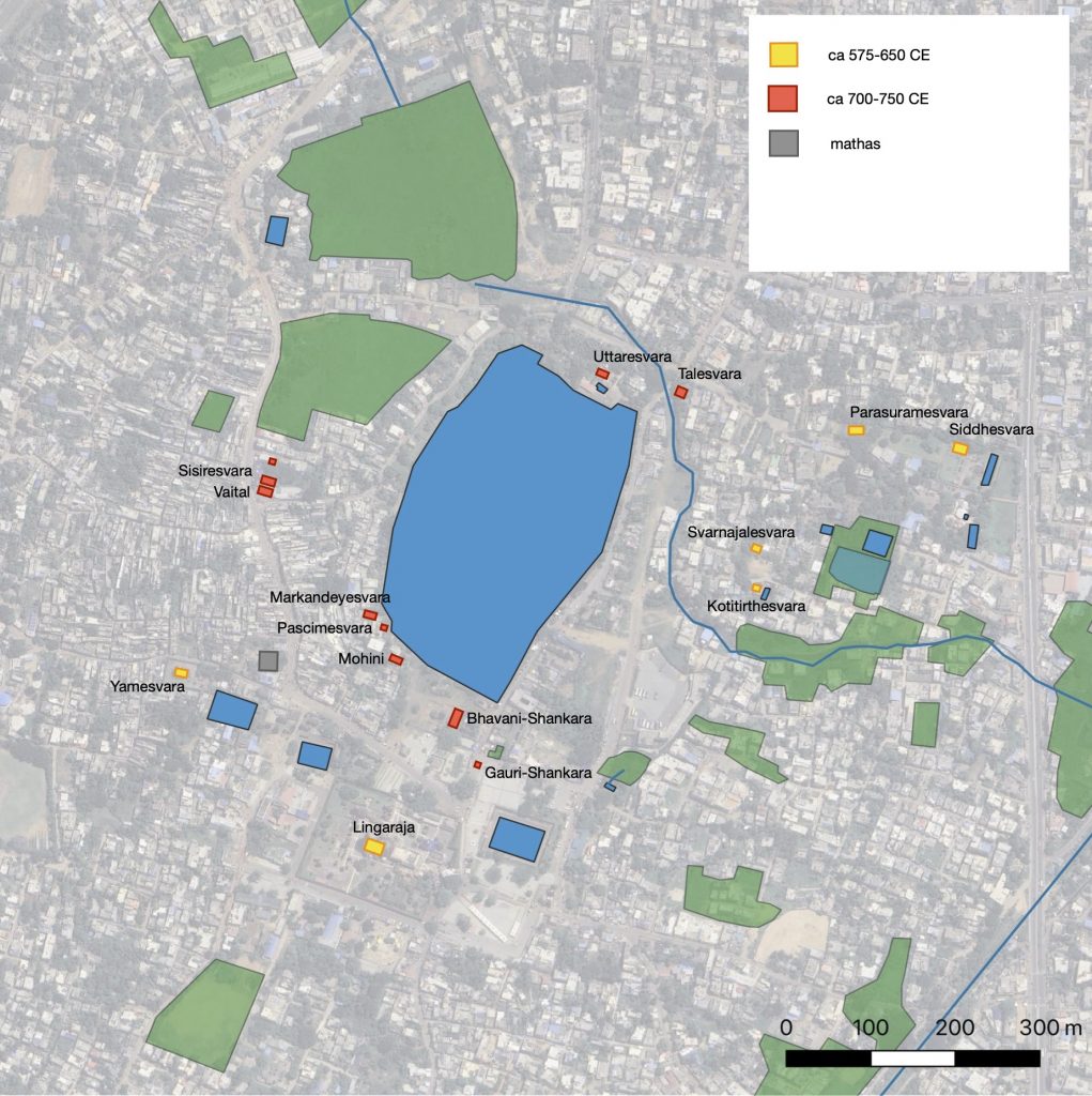 Map of Ekamra, contemporary Bhubaneswar, highlighting the location of sixth, seventh, and eighth century temples.
