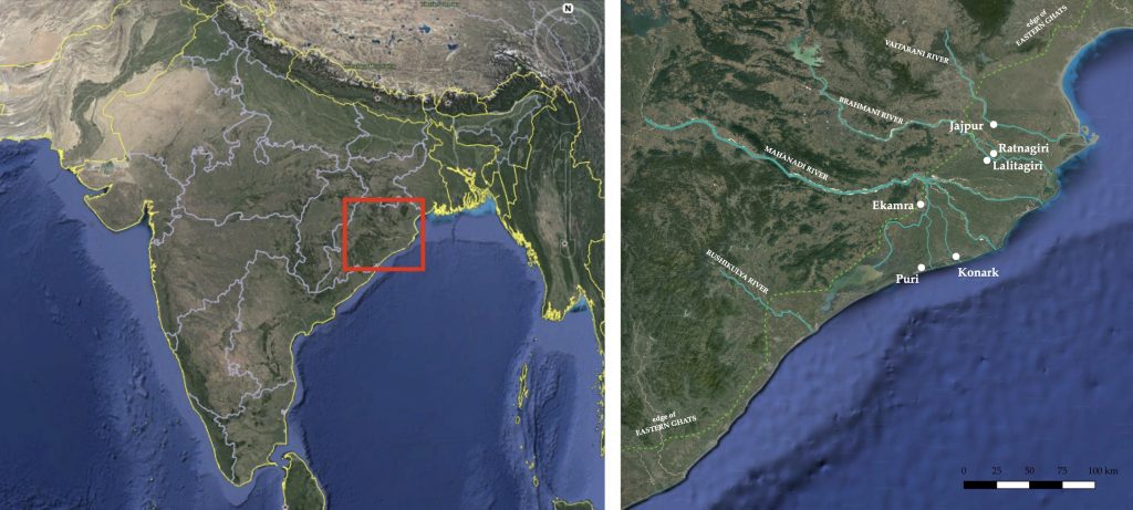 Left map: Map of India, highlighting the state of Odisha on the East coast. Right map: Map of Odisha, with premodern pilgrimage sites and Buddhist monastic centers, including Puri, Ekamra, Jajpur, Konark, Ratnagiri, Lalitagiri, paths of rivers, including the Mahanadi, and outline of Eastern Ghats.