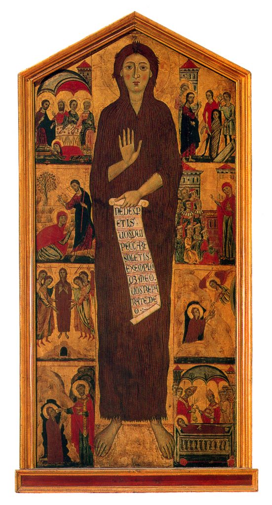 Panel painting depicting Mary Magdalen standing frontally against a gold ground, holding a scroll and dressed only in her hair. Surrounding her are eight scenes of her life, four on her left and four on her right.