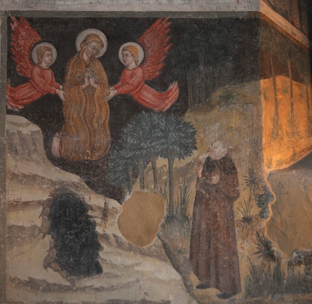 A fresco depicting Mary Magdalen kneeling in three-quarters view, covered in her hair; her hands are clasped in prayer. She is elevated above her cave by two angels, and is looking down towards a standing holy man who looks up at her with astonishment.
