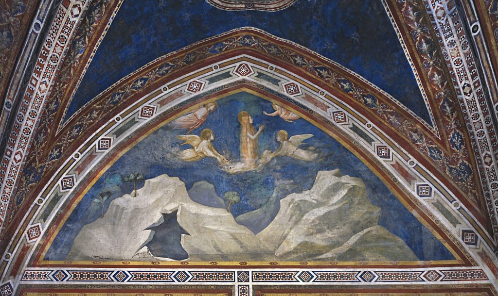 In this lunette fresco, Mary Magdalen, dressed only in her hair, is seen elevated above her cave in a profile view, facing towards the right. She is surrounded by four angels. Two hold the cloud on which she seemingly kneels (her lower body is obscured). The other two angels float above her, with the one on the right making a gesture of blessing.