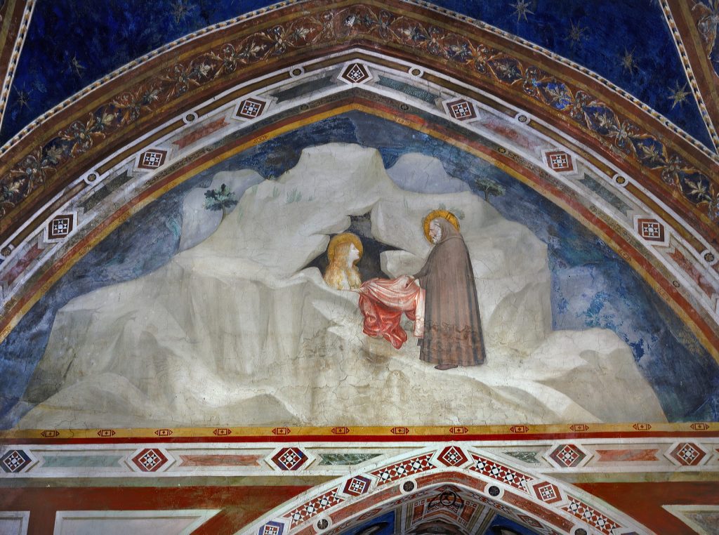 A lunette fresco depicting Mary Magdalen within her cave at the center of the image. She faces towards the right and is accepting a pinkish garment from a hermit dressed in brown, who is sometimes erroneously identified as Zosimus.