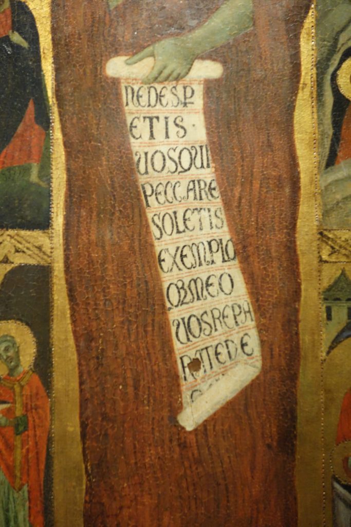 Detail of the iconic image of Mary Magdalen on the Private Collection Vita Panel showing her scroll reading: NE DESPERETIS VOS QUI PECCARE SOLETIS EXEMPLOQUE MEO VOS REPARATE DEO or “do not despair those of you who are accustomed to sin, and in keeping with my example, return yourselves to God.” It is virtually identical to Fig. 18.