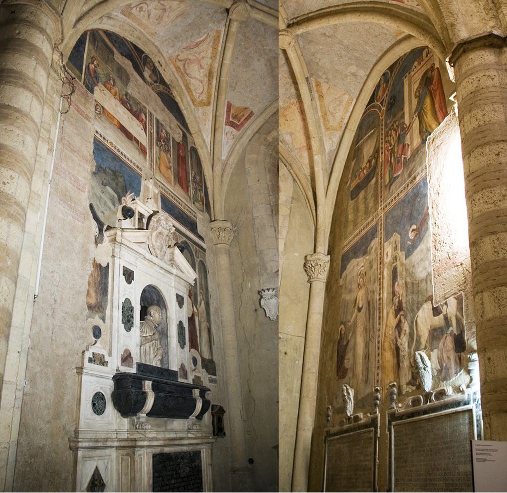 Photo of the Pipino Chapel in San Pietro a Maiella in Naples showing the left wall, with four frescoes of the life of the Magdalen in two registers, obscured at the center by a later funeral monument. Photo of the right wall of the Pipino Chapel in San Pietro a Maiella, Naples, with another four frescoes of the life of the Magdalen across two registers; a large portion of the bottom right fresco is lost.