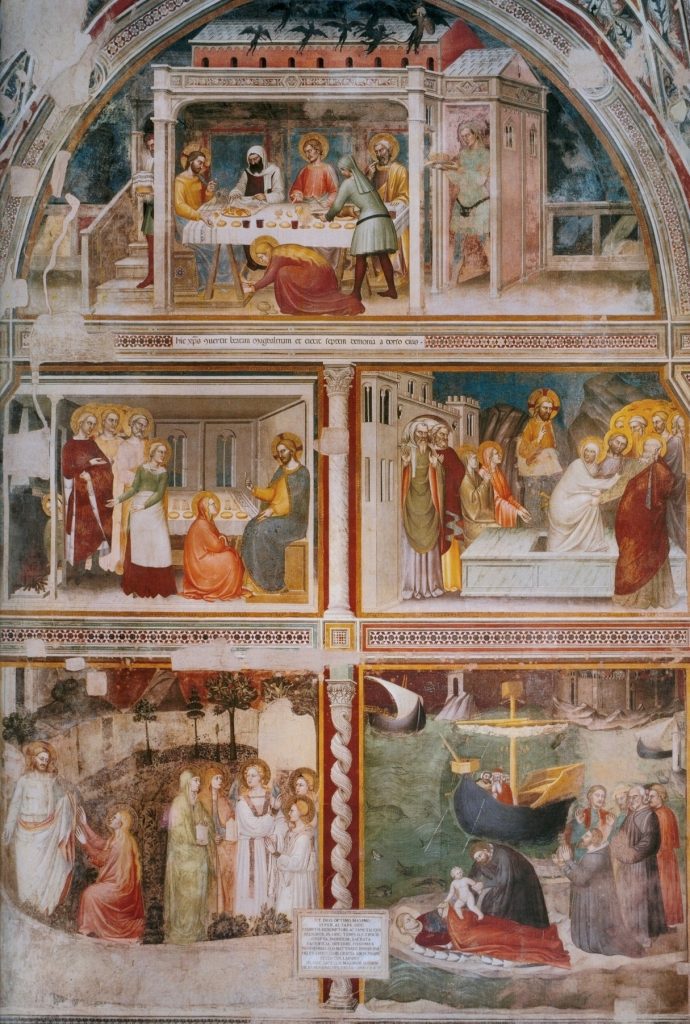 The right hand wall of the Guidalotti-Rinuccini Chapel in Santa Croce, Florence. There is a fresco cycle of five paintings of the life of Mary Magdalen: four rectangular panels on the main body of the wall dispersed over two registers, with a fifth scene in the lunette at the top.