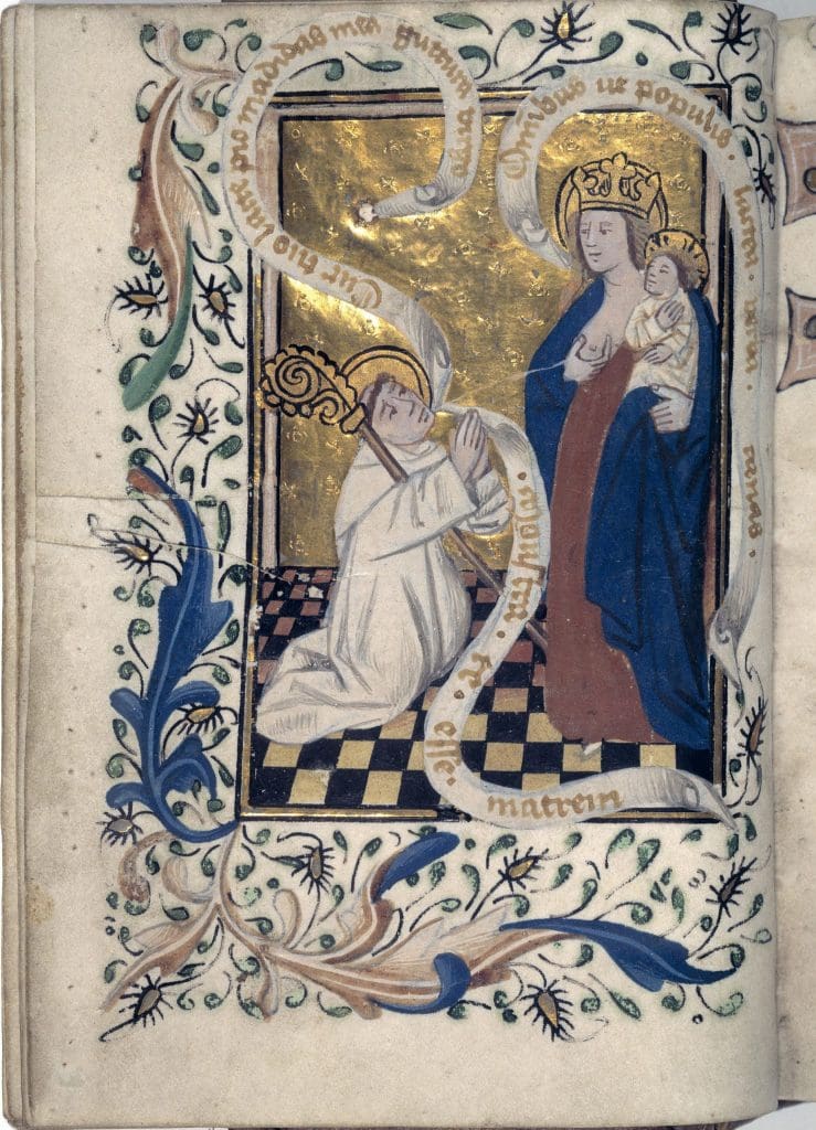 Illuminated manuscript page with a miniature showing the abbot Bernard kneeling in prayer in front of the standing Madonna, who squeezes a jet of milk from her breast.