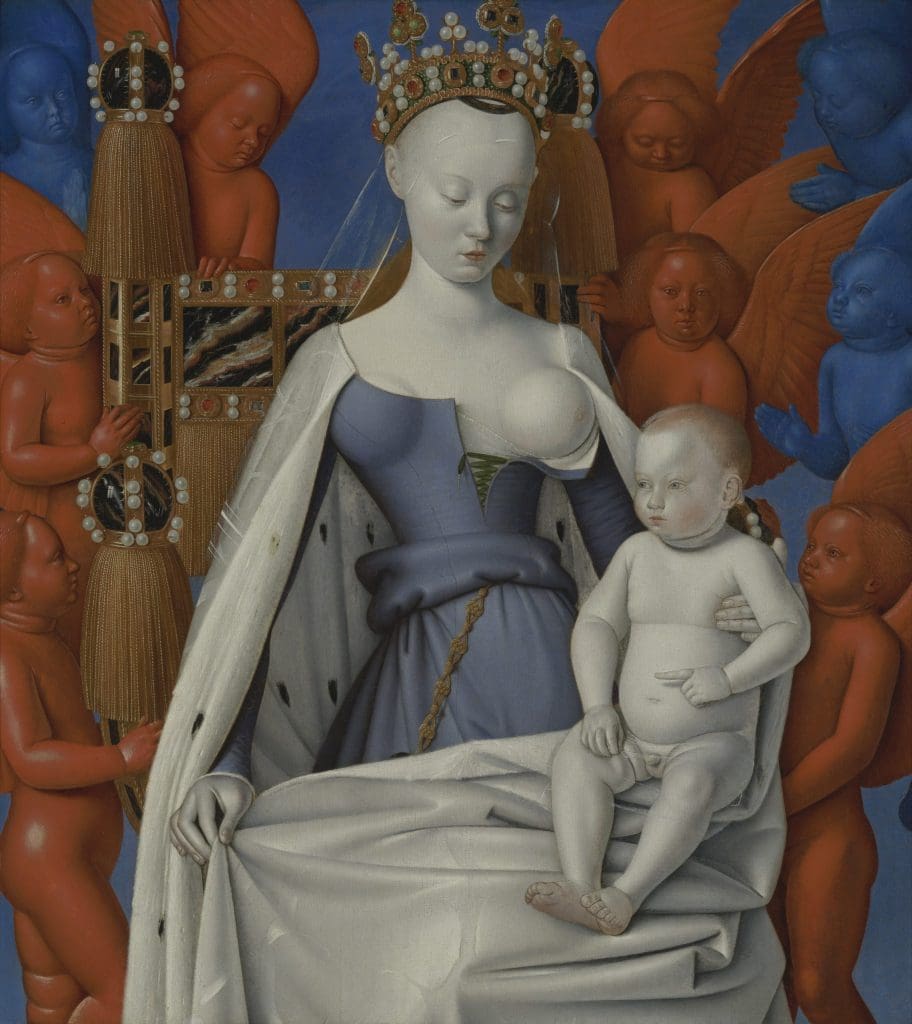 Painting of Mary with exposed breast, enthroned and holding the Christ Child on her lap, surrounded by red and blue angels.