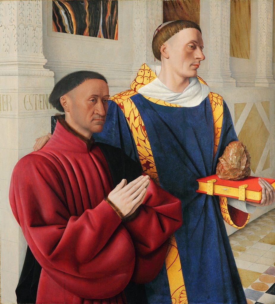 Painting of two men in an architectural setting: one man dressed in red, kneeling in prayer; the other, dressed in blue, standing and holding a book with a rock on top of it and blood dripping from his tonsured head.