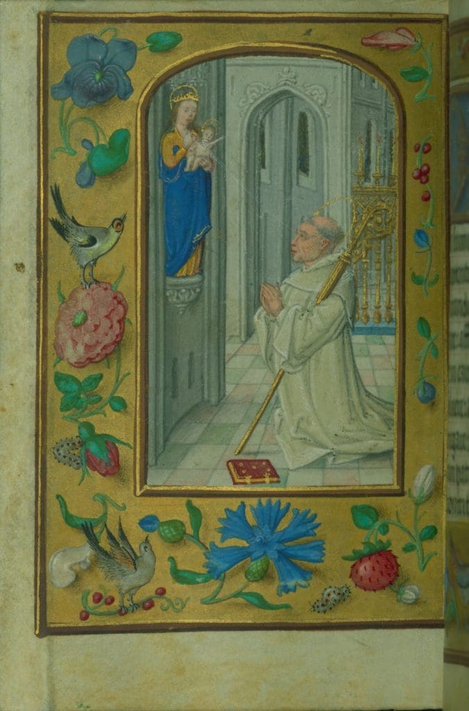 Illuminated manuscript page with a miniature showing the abbot Bernard kneeling in prayer in front of the Madonna placed on a pedestal attached to the church wall, squeezing jets of milk in his direction.