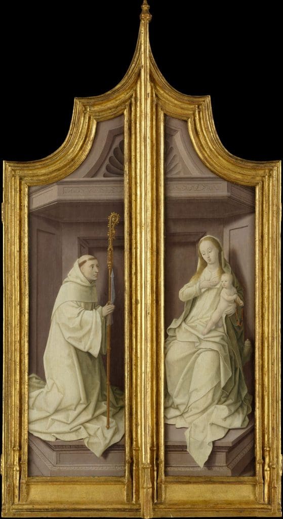 Exterior wings of an altar piece, painted in grisaille. On the left panel, the abbot Bernard kneels in prayer; on the right, the Virgin Mary with child on her lap squeezes her breast.