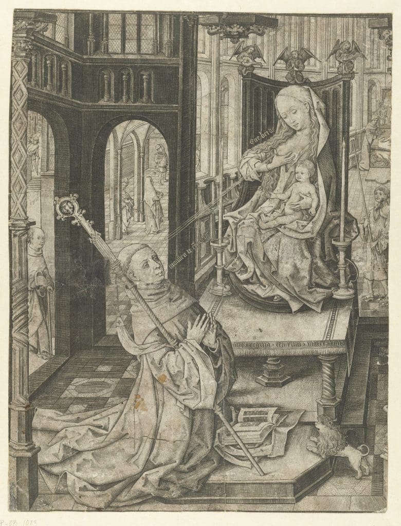 Black-and-white engraving showing the abbot Bernard kneeling in prayer in front of the elevated and enthroned Madonna, squeezing three jets of milk from her breast in his direction.
