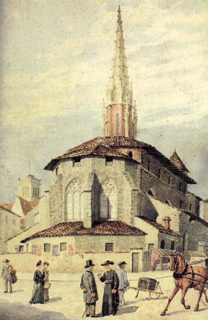 A watercolor depicting the east end of an old, medieval stone church with a large spire. Several people and a horse are gathered in the foreground.
