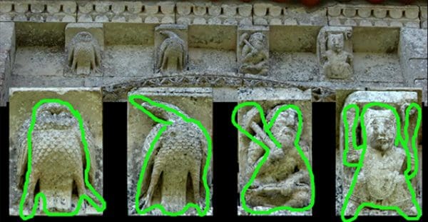 Row of four corbels whose shapes rhyme in a pattern of ABBA