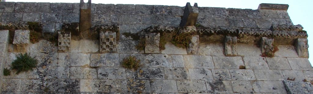 Section of church wall and high corbel table, with eight corbels and decorative cornice. Plants and lichen grow on the wall.