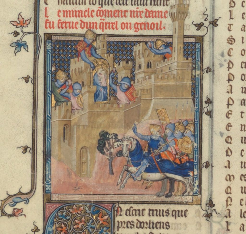 A manuscript illumination showing a battle at a castle. On the ramparts, a solider holds a painting of the Virgin and Child. The painting has been struck with an arrow at Mary’s knee, and blood appears at the mark.