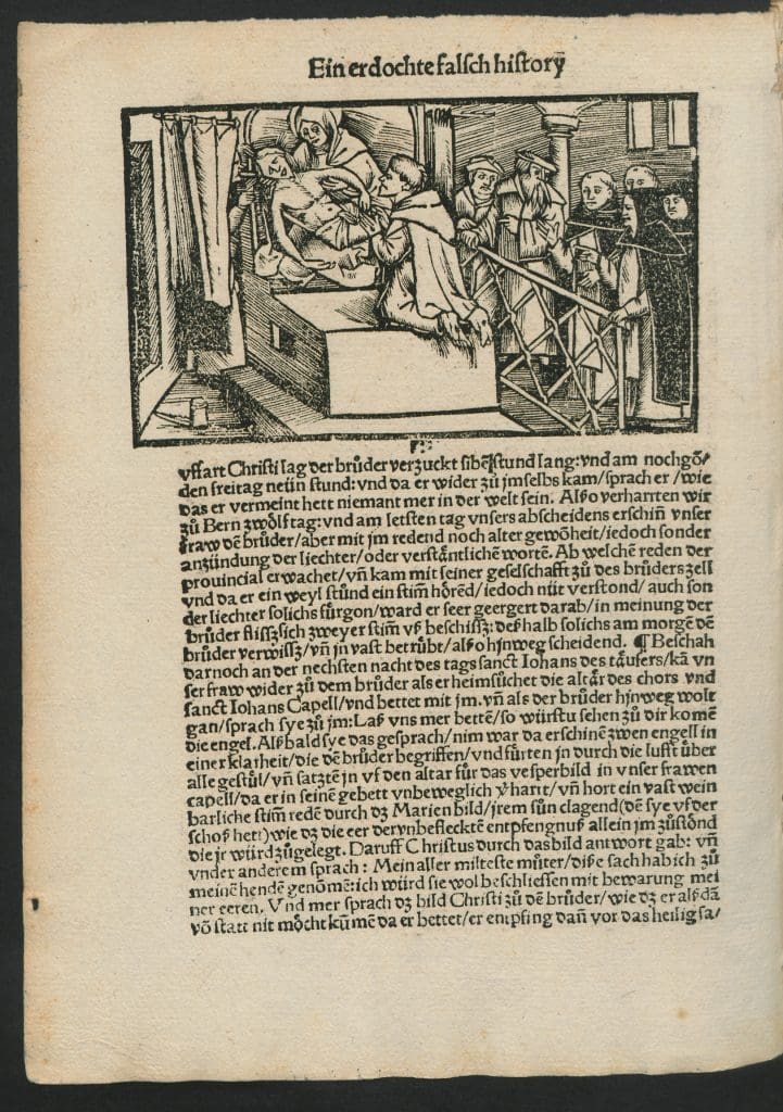 Alt text: An engraving showing Hans Jetzer on the altar before the pietà, with a group of clerics and civic officials at the right. To the left, a curtain conceals a man with a reed in his mouth, directed at the head of the sculpted Christ.