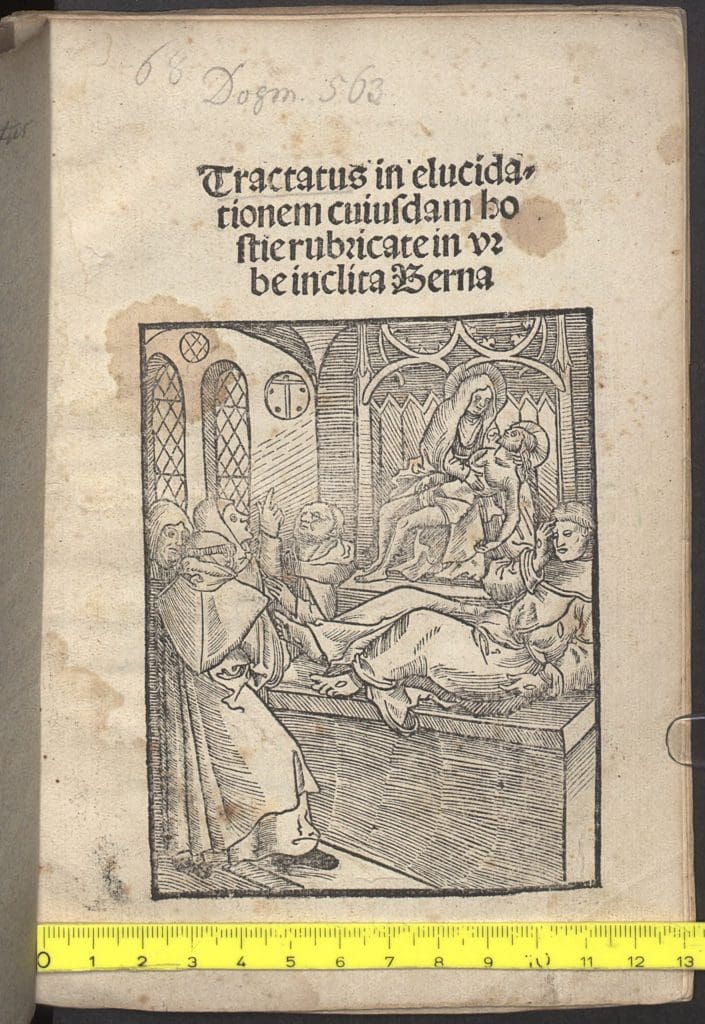 An engraving showing Hans Jetzer, with visible stigmata, lying on the altar in front of the pietà. A group of four monks to the left gesture at the sculpture.