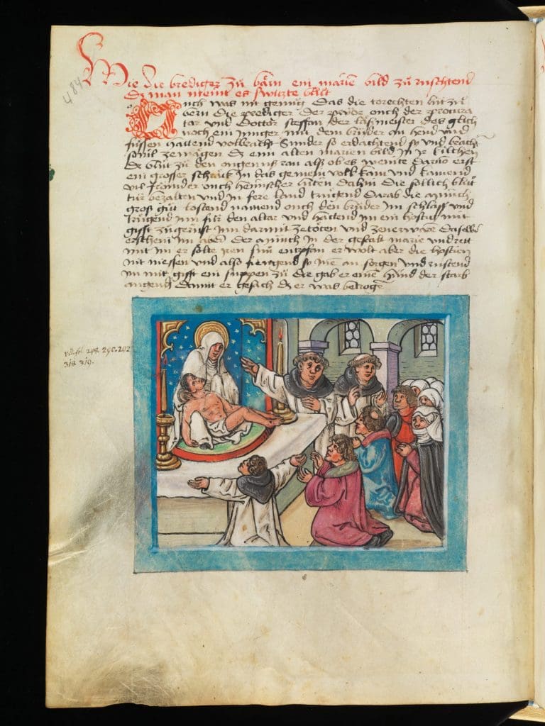 A colored manuscript illumination depicting the sculpted pietà on the altar. One monk points to the sculpture while a group of monks and lay people pray to the image.