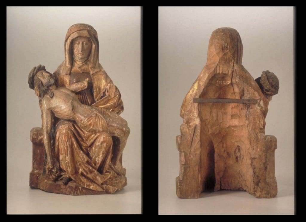 Front and back view of a sculpture depicting the Virgin Mary holding the dead Christ, supporting his head with her right hand.