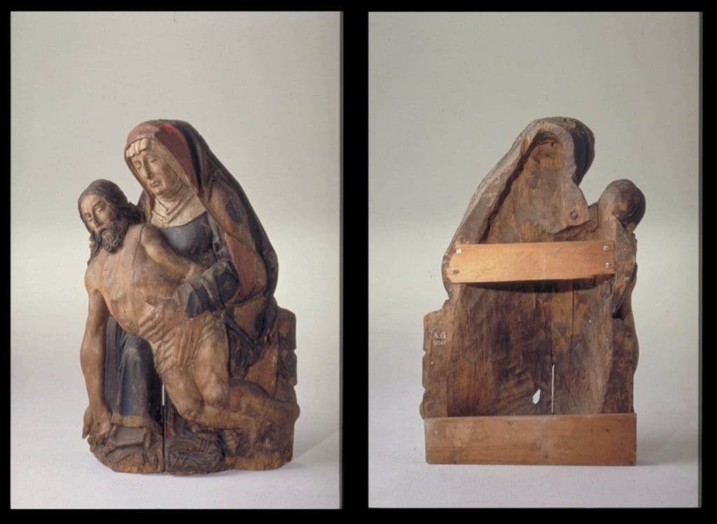 A front and back view of the Virgin Mary holding the dead Christ. Christ’s body is turned frontally toward the viewer.
