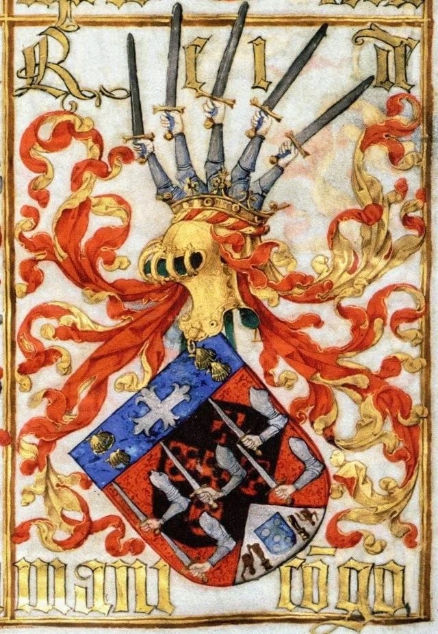 Detail of a heraldic miniature painting, with a central golden knight’s helmet topped by five knight’s arms in silver with swords, and a shield with a cross and five more knight’s arms and two broken statues below. 