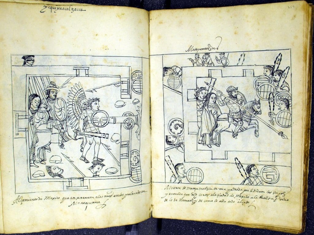 Two facing pages of a manuscript, open with ink drawings of a woman (Malintzin Tenepal) behind a horse ridden by a knight holding a spear and shield (Cortés).
