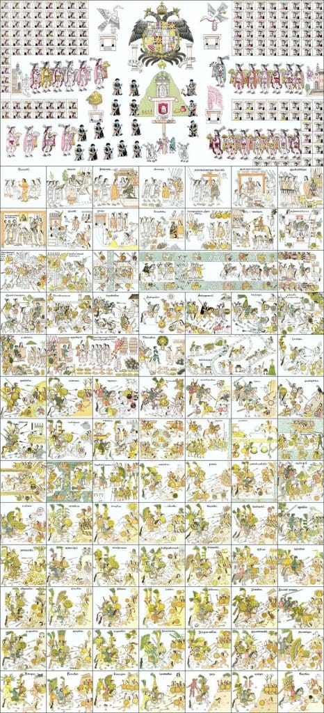 A long vertical rendering with many narrative cells depicting battles and other historical events in pen and ink.