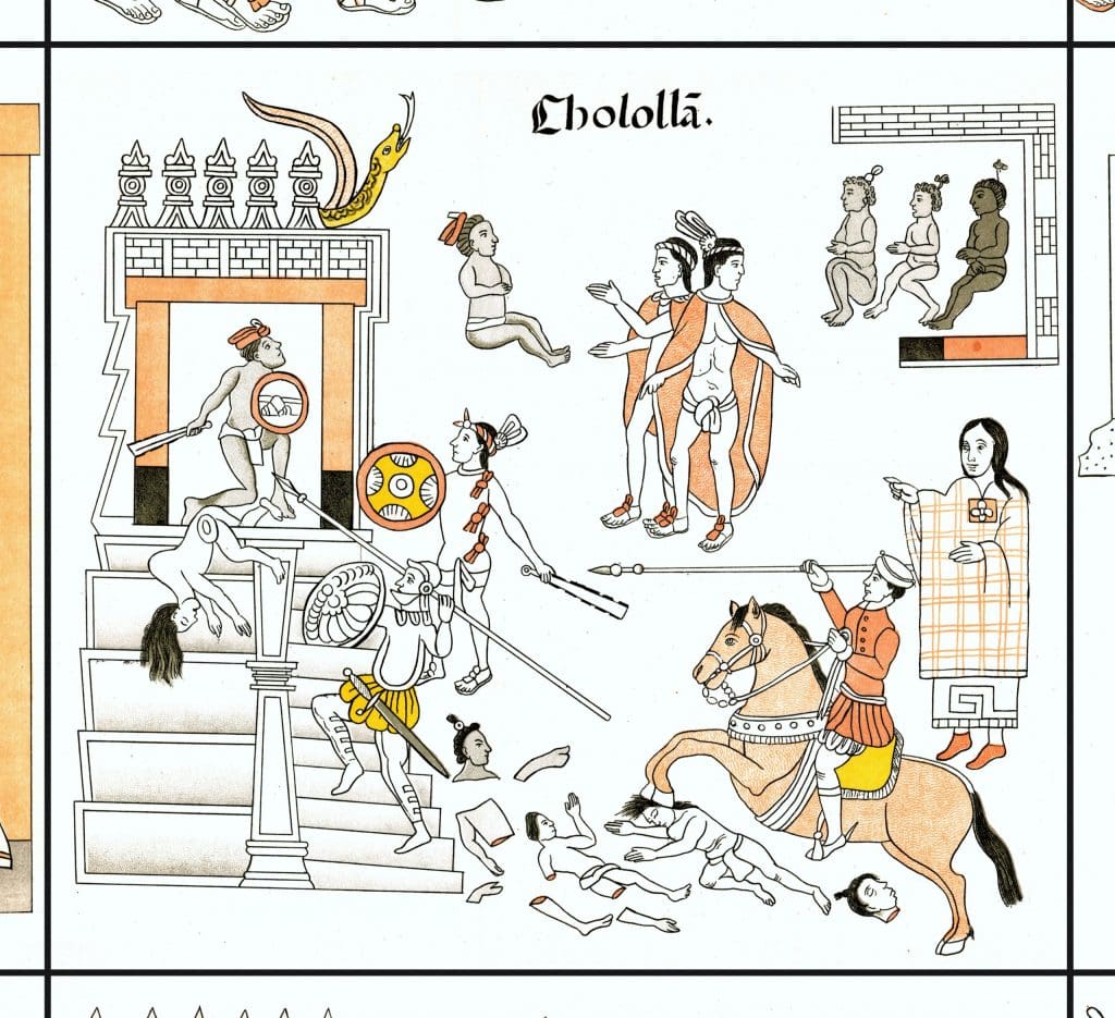 Detail of Fig. 15. A knight on horseback charges with a spear in the lower right toward a temple, leaping over dismembered bodies below, drawin in black, orange, yellow, and brown ink. 