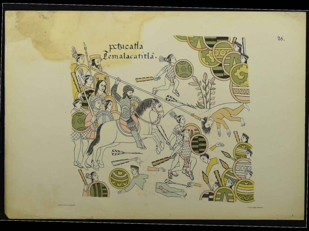 Drawing of a battle with a knight on horseback with spear and shield, leaping over a severed body toward figures crowded into the top and bottom right corners, hidden behind their circular shields, drawn in black, green, yellow, pink, and grey ink. 