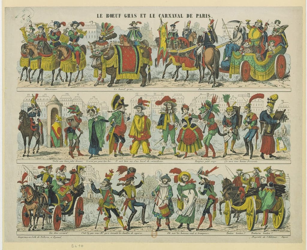 Pen and watercolor drawing of a Boeuf Gras procession, with figures arranged across three registers. In the top, figures on horseback and in a chariot flank a large bull, in the center, a set of figures seem to emerge from a small building, and stand speaking, and in the bottom register, two more chariots flank five dancing figures. 