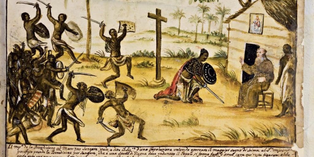 Pen and watercolor drawing of a Sangamento dance, with leaping dark-skinned figures with swords and shields grouped on the far left, and a kneeling man with a sword and shield bending before a seated older, lighter-skinned man on the right. 