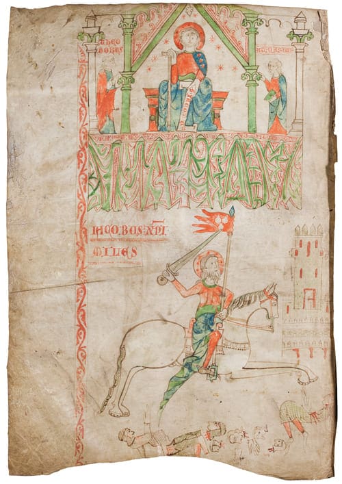 Loose leaf from a manuscript with a figure enthroned on a stage with drapery over a figure of a knight on horseback with a sword and banner featuring three scallop shells trampling beheaded and bleeding bodies below the horse’s hooves.