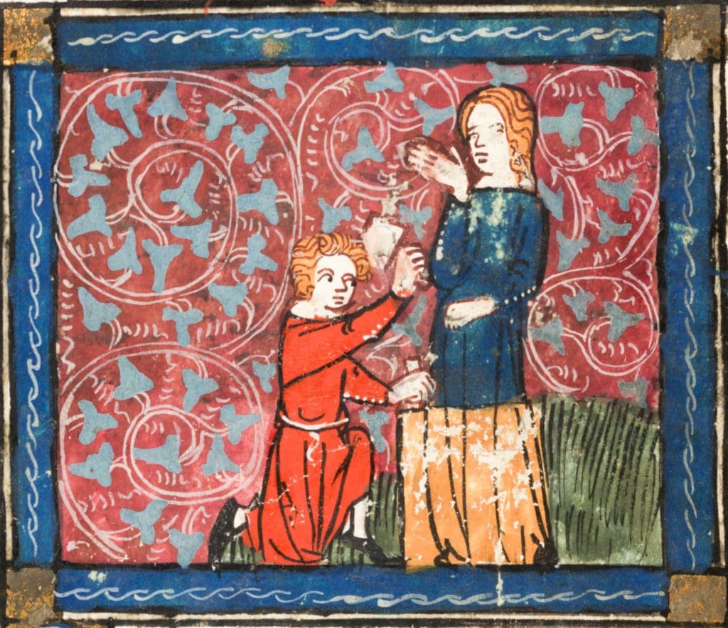 Fig. 10: Pygmalion kneels in front of his sculpture. He holds a chisel in his left hand and swings a mallet with his right.