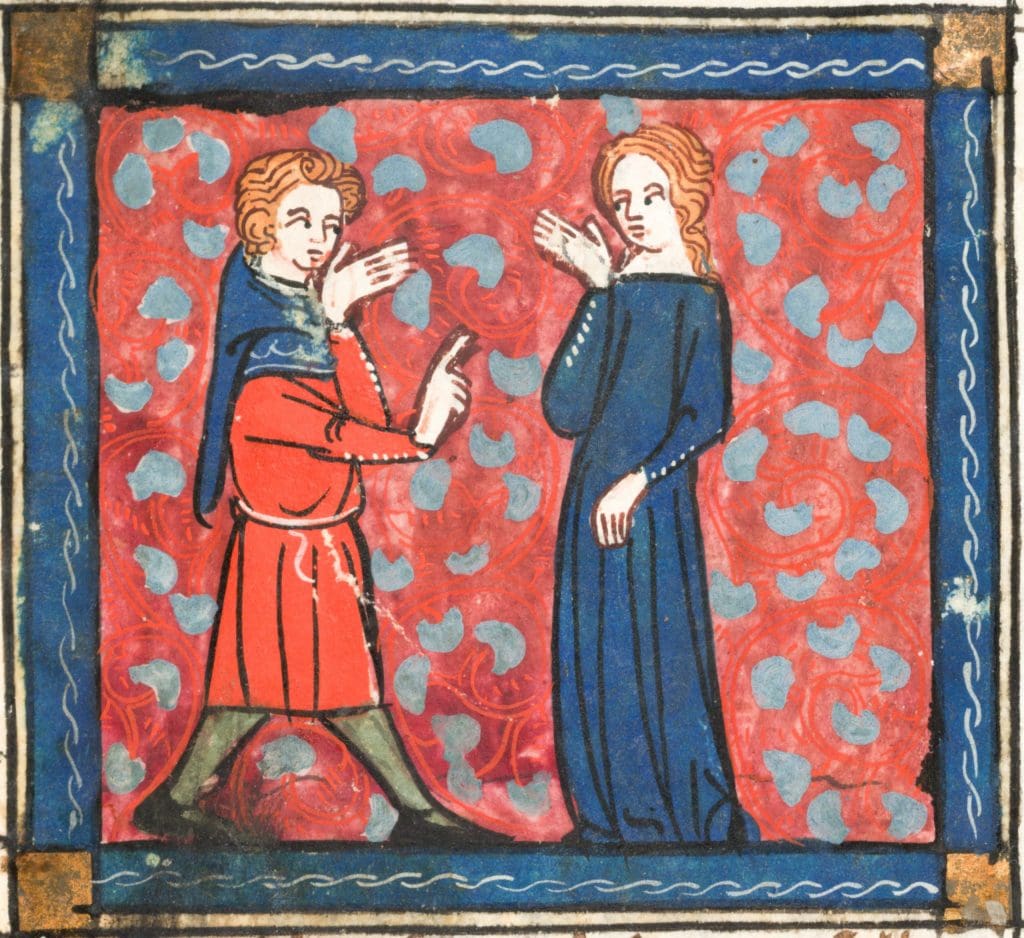 Fig. 11: Pygmalion strides towards a standing female figure. He holds his left hand open near his mouth while he extends his right hand with a raised index finger.