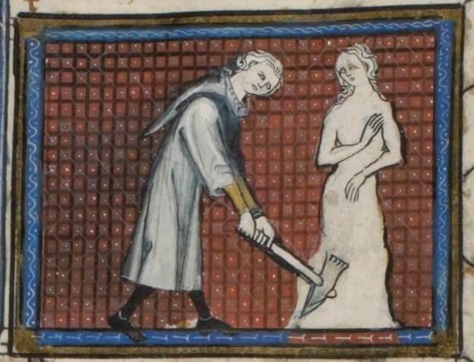 Fig. 12: Pygmalion stands before an unfinished statue and swings his carving implement with both hands.