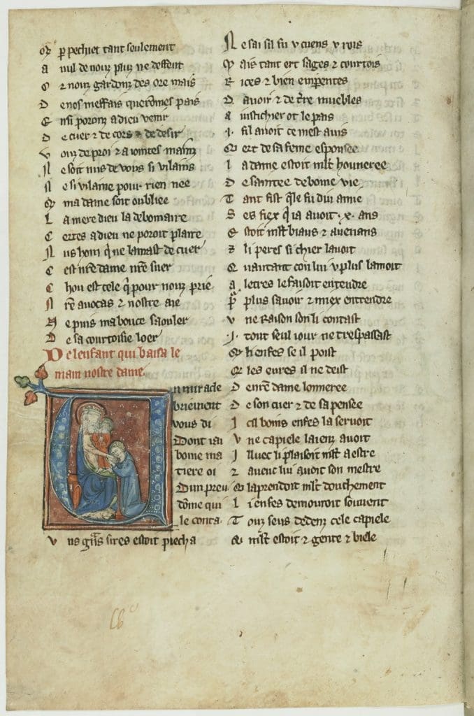 Fig. 1: Viewed in profile and set within a historiated initial, a young boy kneels in front of a statue of the Virgin and Child. Her right arm is extended as the boy holds her hand in his.