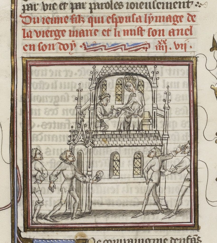 Fig. 2: Framed within a structure ornamented with gothic pinnacles, a young boy stands before a statue of the Virgin. He steadies her hand as he slides a ring onto her finger. Outside the structure, four men, one holding a ball, witness the event.