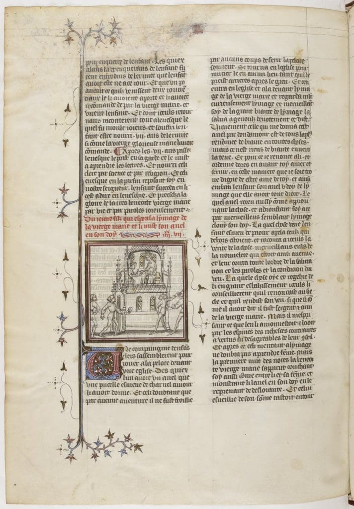 Fig. 2: Framed within a structure ornamented with gothic pinnacles, a young boy stands before a statue of the Virgin. He steadies her hand as he slides a ring onto her finger. Outside the structure, four men, one holding a ball, witness the event.