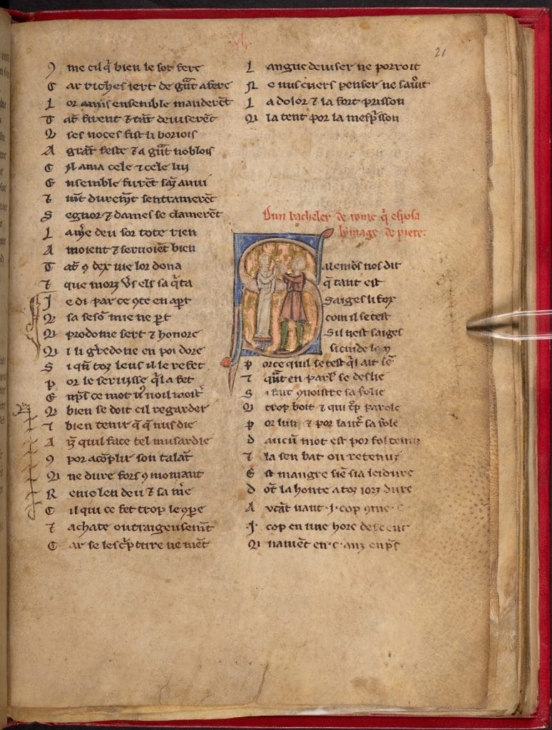 Fig. 3: Viewed in profile and set within a historiated initial, a young man stands in front of a clothed statue of Venus who stands atop an ornamental column. Her right arm is raised as the youth presents her with a ring.