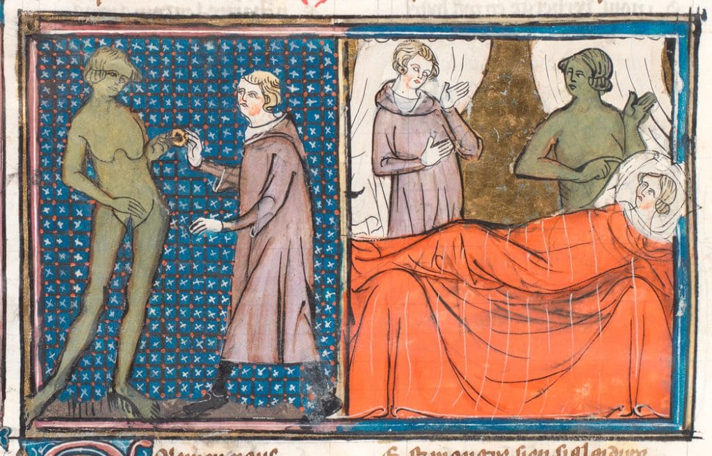 Fig. 6: A manuscript painting with two halves. On the left, a youth strides towards a standing female figure, Venus, painted a monochrome olive drab. The youth slides a ring onto Venus’s left hand. On the right, the youth and Venus stand over the youth’s bed where his bride rests.