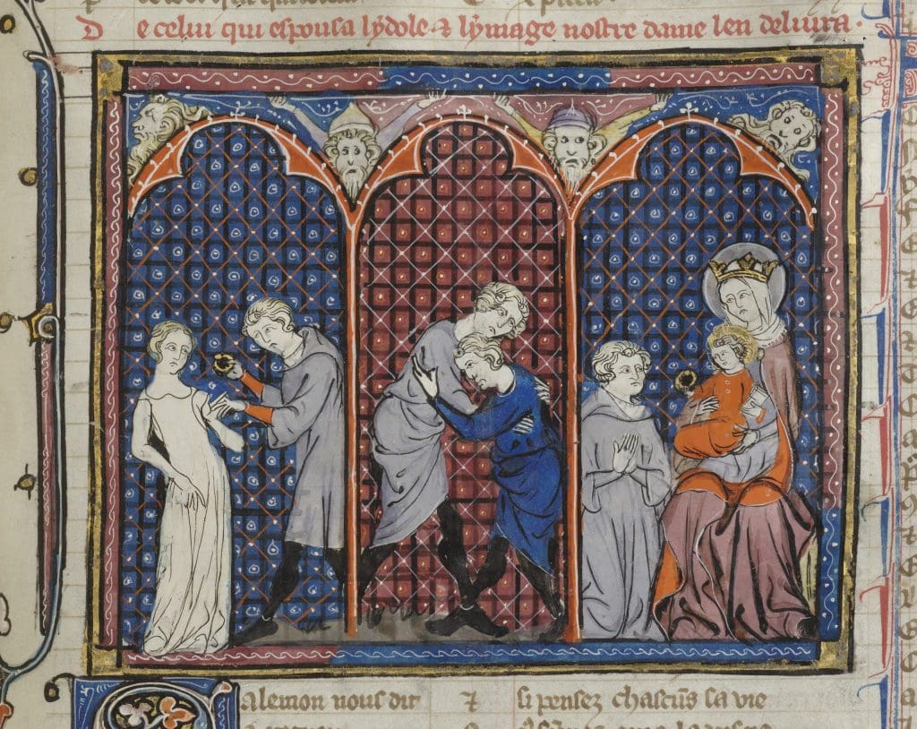 Fig. 8: A manuscript painting divided into three architectural bays. At the left, the youth stands before a clothed statue of Venus. He holds her left hand in his and presents her with a ring. In the middle, two standing youths cross legs and grasp each other as they wrestle. On the right, a youth kneels in front of a statue of the Virgina and Child.