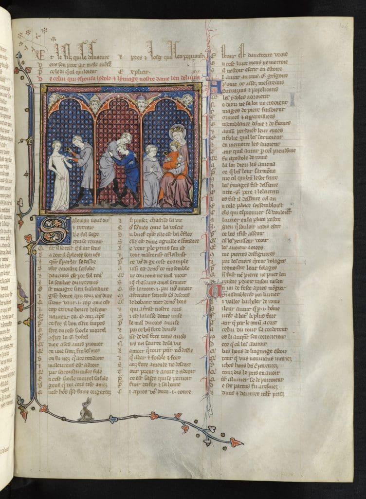 Fig. 8: A manuscript painting divided into three architectural bays. At the left, the youth stands before a clothed statue of Venus. He holds her left hand in his and presents her with a ring. In the middle, two standing youths cross legs and grasp each other as they wrestle. On the right, a youth kneels in front of a statue of the Virgina and Child.