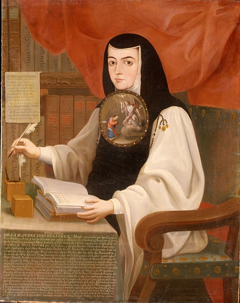 Oil painting portrait of a woman scholar wearing a nun’s habit sitting and writing in her library in seventeenth century Mexico City.